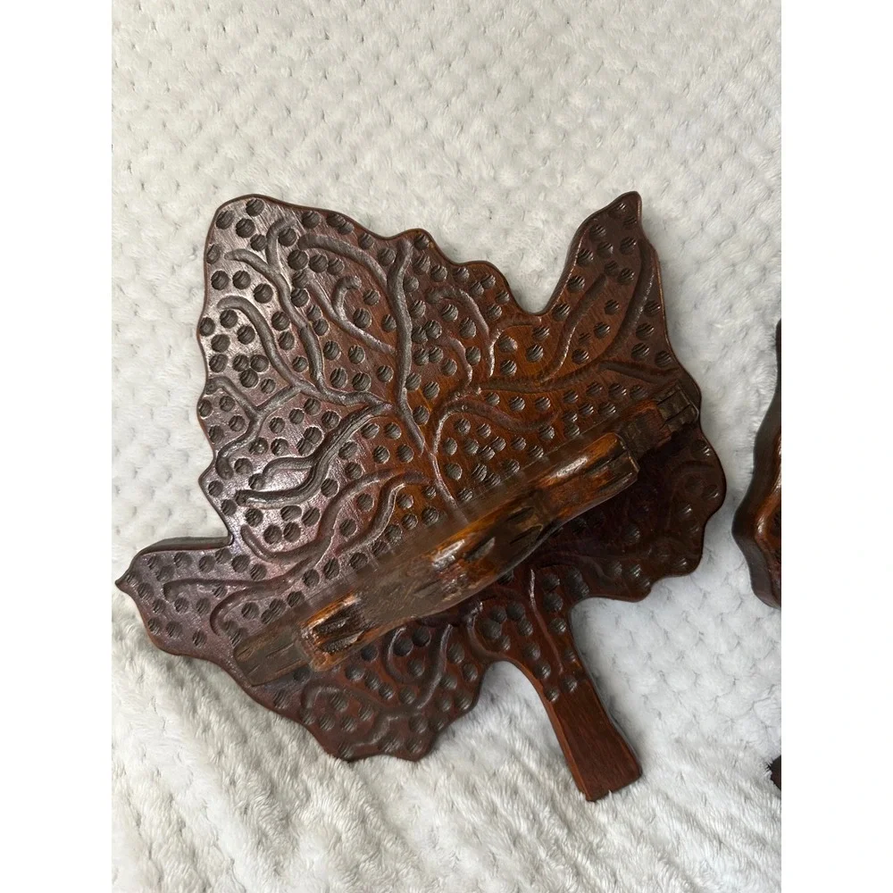 Vintage Hand Carved Wooden Leaf Wall Sconces Pair Rustic Cabin Decor Shelves